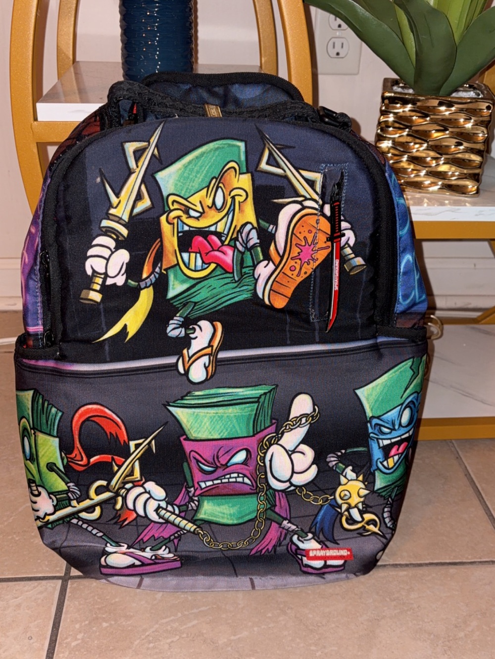 Black Graphic Men's Backpack with Colorful Cartoon Print